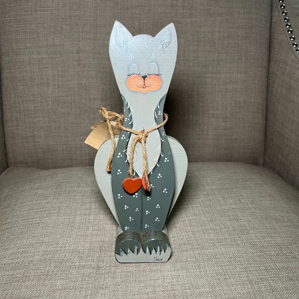 Vtg Wooden Kitty Cat Cozycore Shelf Sitter Hand Painted The Toll Mill Tilford